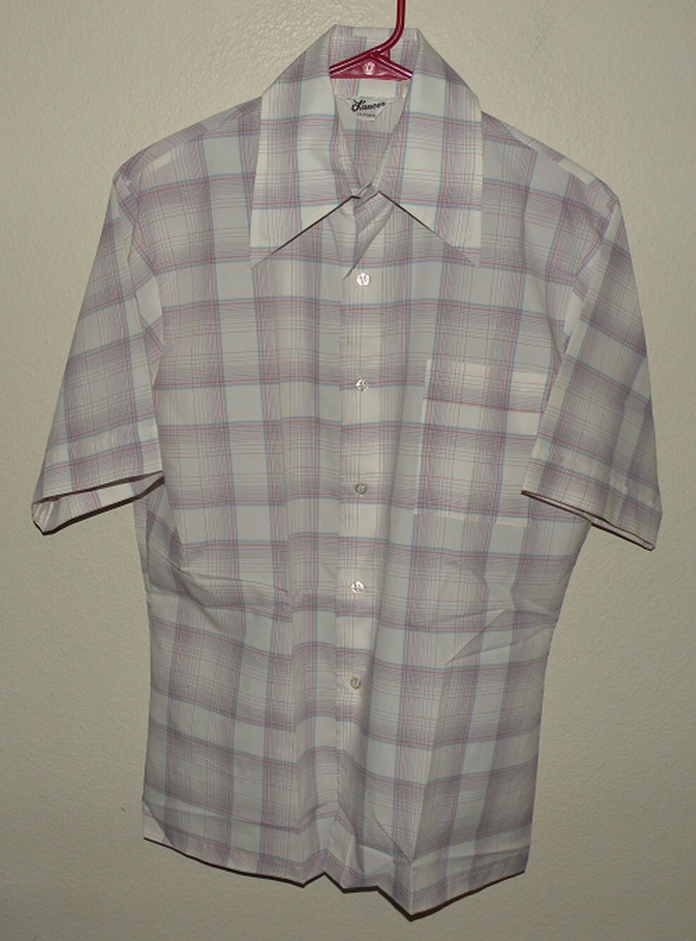 Vtg 70s Lancer California Men’s Medium SS Shirt White Plaid Dagger Collar NWOT